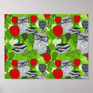 Eule in roten Rosen Poster