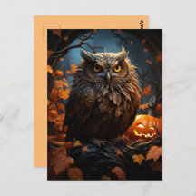 Eule, Kürbis und ein Vollmond-Halloween-Postkarte
