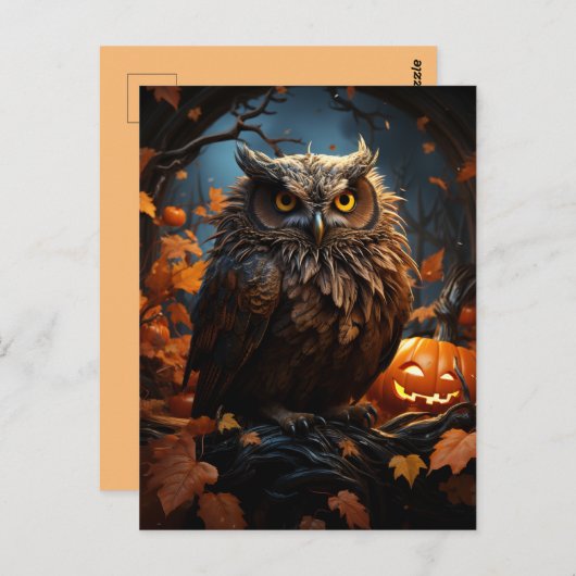 Eule, Kürbis und ein Vollmond-Halloween-Postkarte Postkarte (Vorne/Hinten)