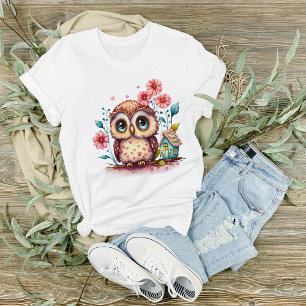 Eule mit Blumen und kleinem Haus T-Shirt