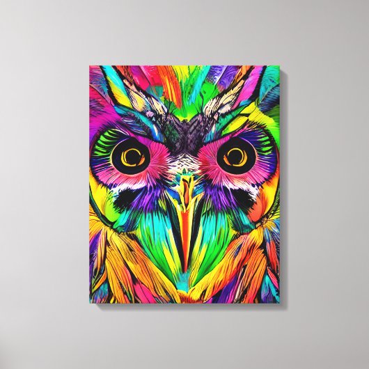 Eule mit farbenfrohen Federn Quirky KI Kunst Leinwanddruck (Vorderseite)