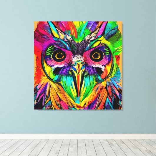 Eule mit farbenfrohen Federn Quirky KI Kunst Leinwanddruck (Insitu (Holzboden))