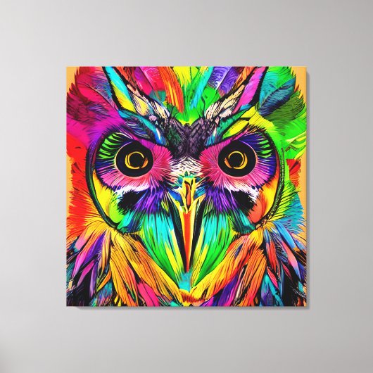 Eule mit farbenfrohen Federn Quirky KI Kunst Leinwanddruck (Vorderseite)