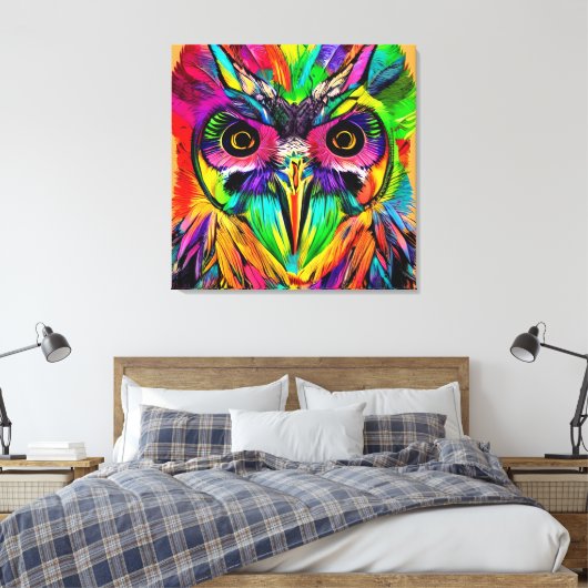 Eule mit farbenfrohen Federn Quirky KI Kunst Leinwanddruck (Insitu (Schlafzimmer))