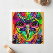 Eule mit farbenfrohen Federn Quirky KI Kunst Mitteilungskarte (Vorderseite/Rückseite Beispiel)