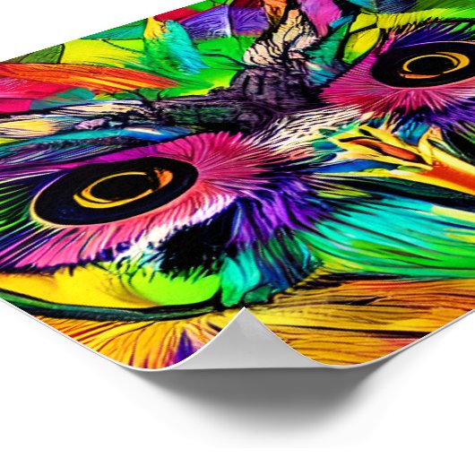 Eule mit farbenfrohen Federn Quirky KI Kunst Poster (Ecke)