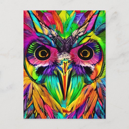 Eule mit farbenfrohen Federn Quirky KI Kunst Postkarte (Vorderseite)