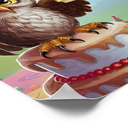 Eule mit Geburtshühnchen stehend auf Kuchen Poster (Ecke)