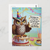 Eule mit Geburtshühnchen stehend auf Kuchen Postkarte (Vorne/Hinten)