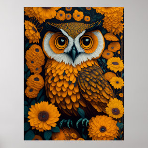 Eule mit großen Augen vor Blumen Poster