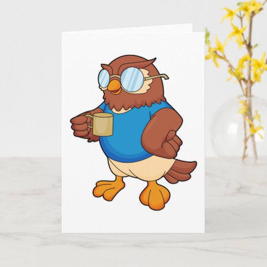 Eule mit Kaffee-Tasse Karte (Gelbe Blume)