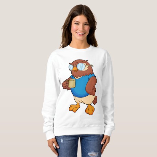 Eule mit Kaffee-Tasse Sweatshirt (Vorne ganz)