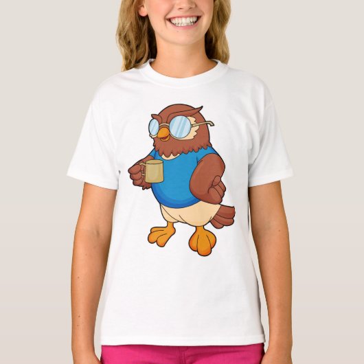 Eule mit Kaffee-Tasse T-Shirt (Vorderseite)