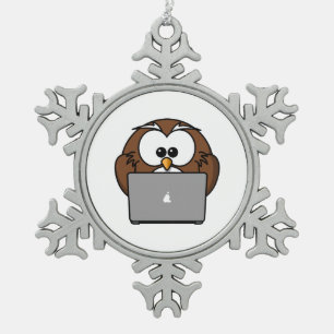 Eule mit Laptop Schneeflocken Zinn-Ornament