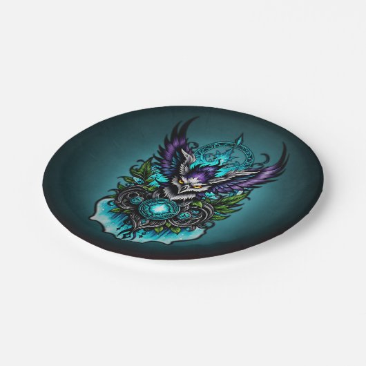 Eule mit magischen Elementen. Pappteller (Schrägansicht)