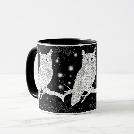 Eule mit Mandala im Winter unterm Sternenhimmel Tasse (Vorderseite Links)