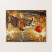 Eule mit rotem Ballon im Herbst Puzzle (Horizontal)