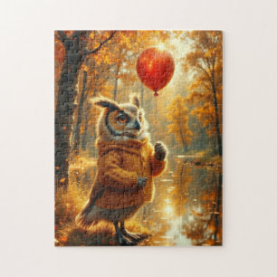 Eule mit rotem Ballon im Herbst Puzzle