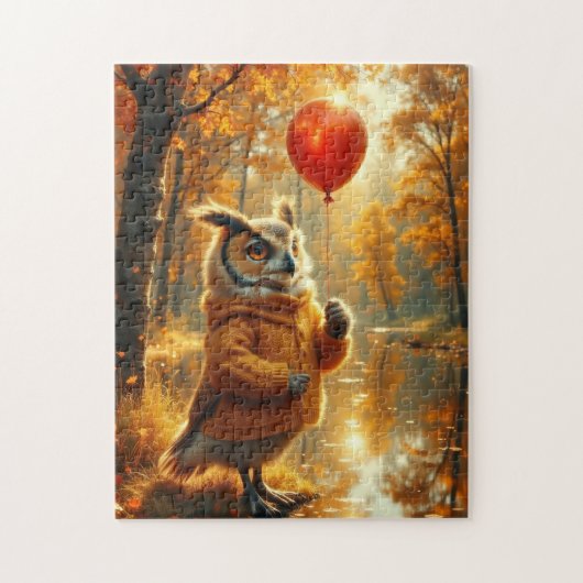 Eule mit rotem Ballon im Herbst Puzzle (Vertikal)