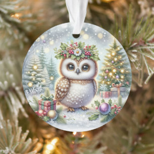 Eule mit Stechpalmenkranz und schneebedeckten Bäum Ornament