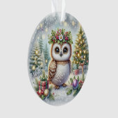 Eule mit Stechpalmenkranz und schneebedeckten Bäum Ornament (Vorderseite)