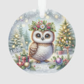 Eule mit Stechpalmenkranz und schneebedeckten Bäum Ornament (Rückseite)