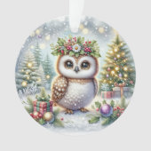 Eule mit Stechpalmenkranz und schneebedeckten Bäum Ornament (Vorderseite)