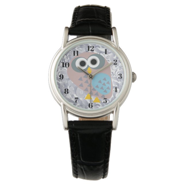 Eule mit Wasserfarbe grau Armbanduhr (Vorderseite)