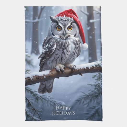 Eule mit Weihnachtsmannmütze Küche Geschirrtuch (Vertikal)