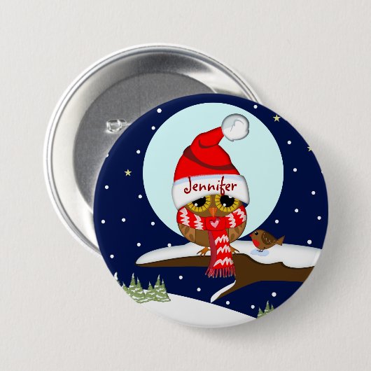 Eule mit Weihnachtsmannmütze u. Nameknopf Button (Vorne & Hinten)