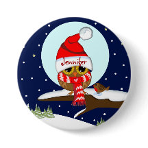 Eule mit Weihnachtsmannmütze u. Nameknopf