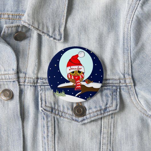 Eule mit Weihnachtsmannmütze u. Nameknopf Button (Beispiel)