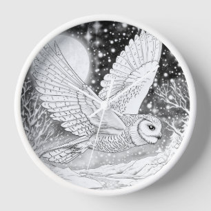 Eule, Schnee-Eule im Flug Sternenhimmel Uhr