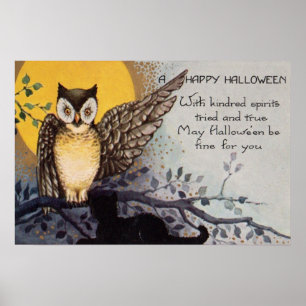 Eule schwarze Katze Vollmond Baum Nacht Poster
