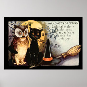 Eule schwarze Katze Vollmond Hexenhut Poster
