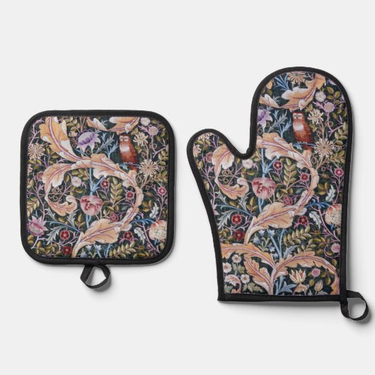 Eule und Blumen, William Morris Ofenhandschuh & Topflappen-Set (Vorderseite)