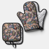 Eule und Blumen, William Morris Ofenhandschuh & Topflappen-Set (Vorderseite/Rückseite)