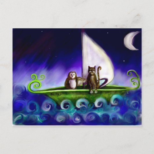 Eule und die pussycat moderne, lebendige Illustrat Postkarte (Vorderseite)