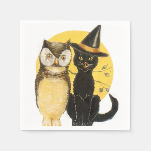 Eule und Halloween-Katze Serviette (Vorderseite)