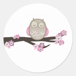 Eule und Kirschblüten {Rosa} Aufkleber