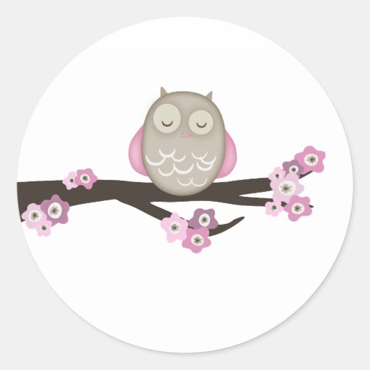 Eule und Kirschblüten {Rosa} | Aufkleber (Vorderseite)
