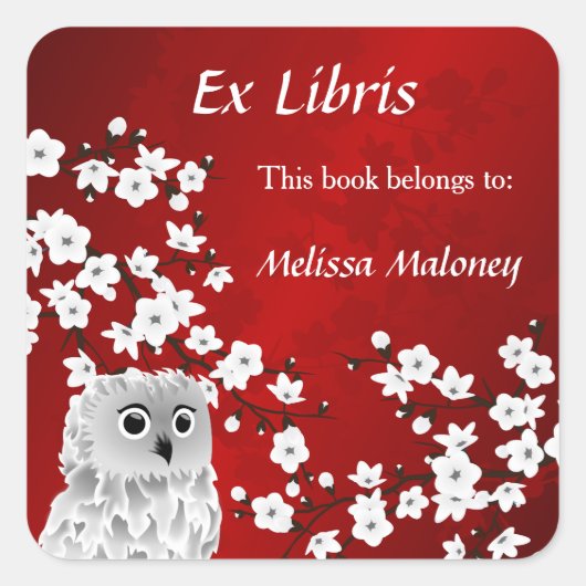 Eule und Rotkreuz-Blossom Ex Libris Name hinzufüge Quadratischer Aufkleber (Vorderseite)