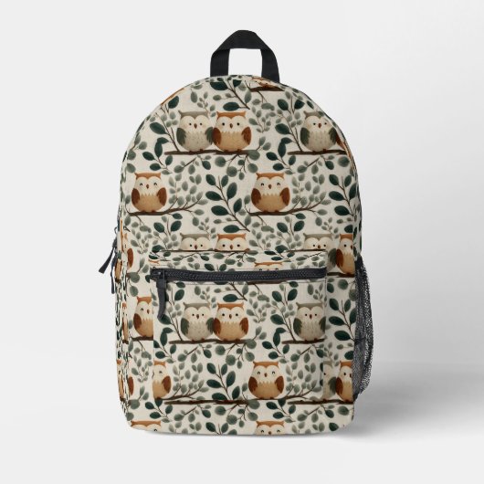 Eule und Waldblattmuster Bedruckter Rucksack (Vorderseite)