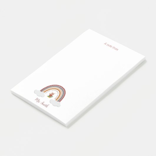 Eule unter einem Regenbogenlehrer Post-it Klebezettel (angewinkelt)