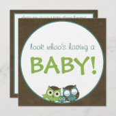Eulen-Babyparty | grün/Blau/Brown-Junge Einladung (Vorne/Hinten)