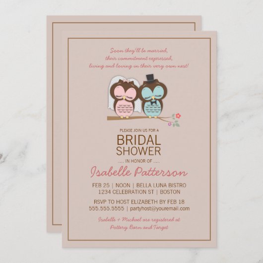 Eulen-Braut-u. Bräutigam-süße Brautparty-Einladung Einladung (Vorne/Hinten)