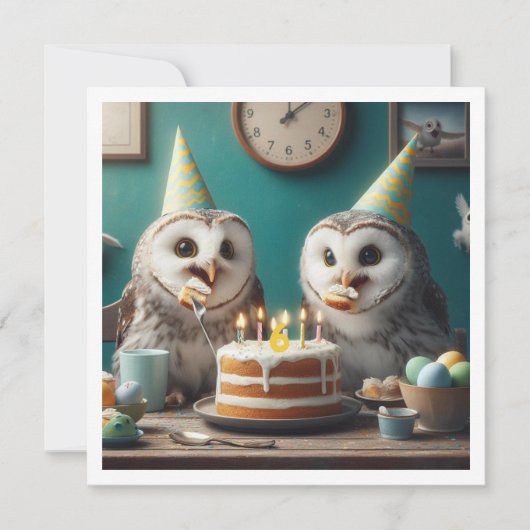 Eulen, die Kuchen essen, lustige Eule zum Geburtst Einladung (Vorderseite)
