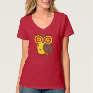 Eulen-Entwurf mit rotem gelbem Brown, Damen V-Hals T-Shirt