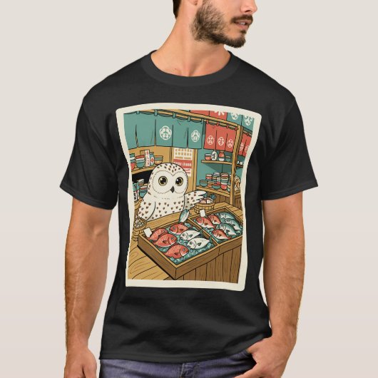 Eulen-Fischmarkt-Illustration T-Shirt (Vorderseite)