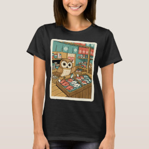 Eulen-Fischmarkt japanische Vintage-Illustration T-Shirt
